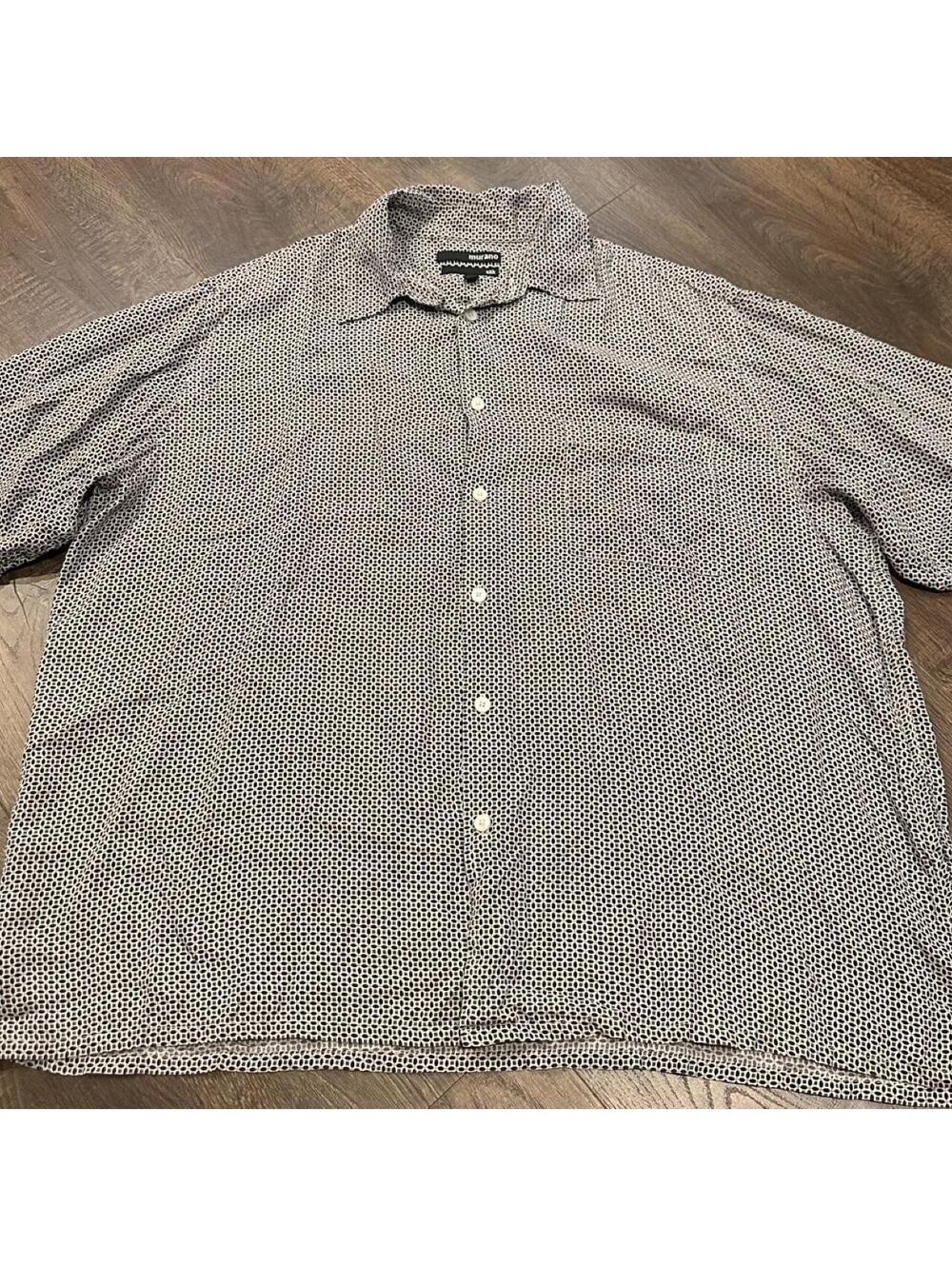 Murano Men's XL Silk Button Down Shirt with White Polka Dots on Gray